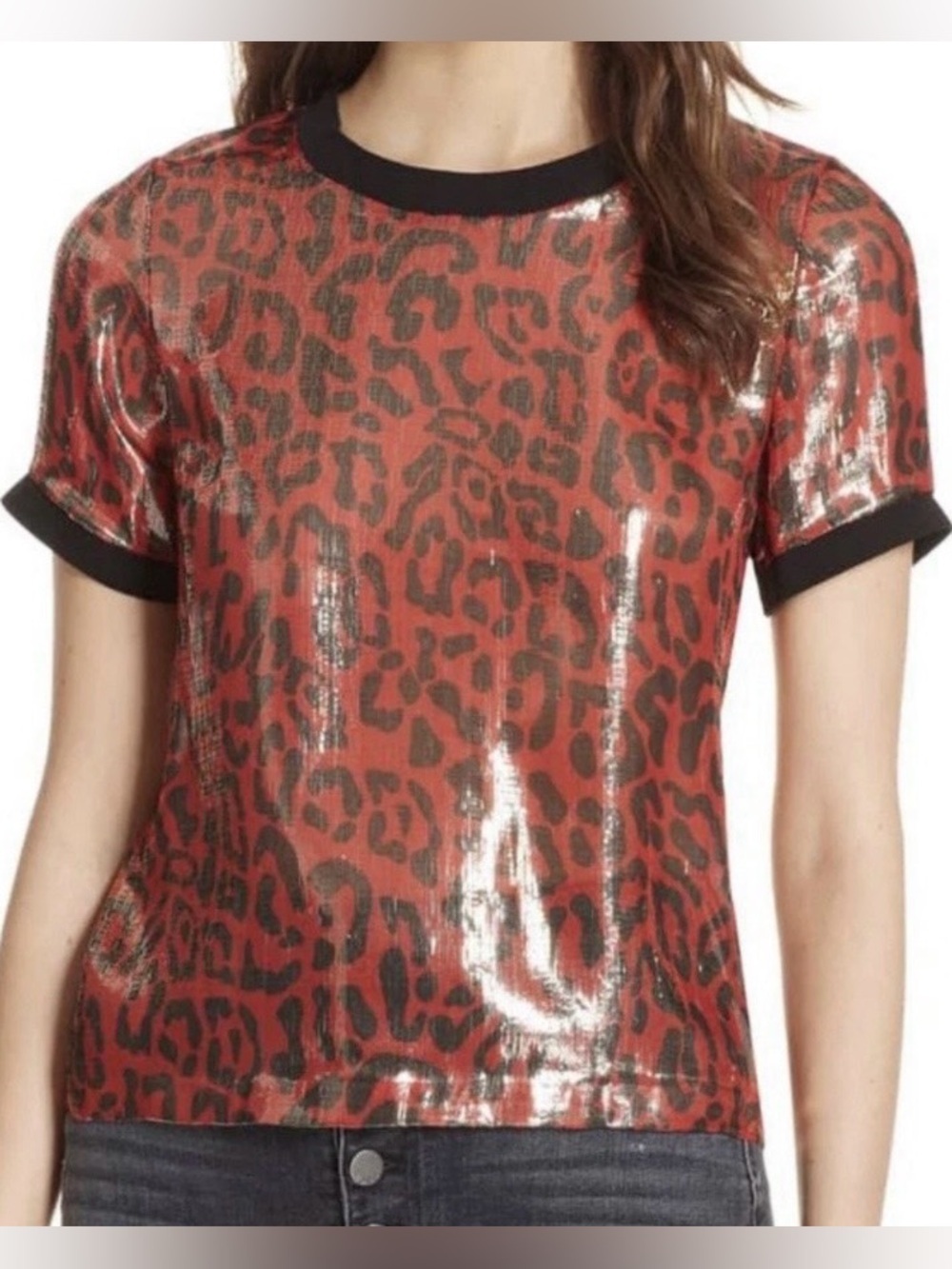 Alice + Olivia Metallic Red Leopard Print Sheer Silk Blend Shirt Size S/P
